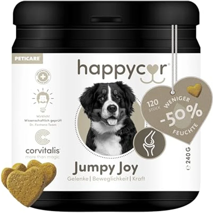 happycor® Jumpy Joy Gelenk-Leckerli für Hunde & Senioren, 240g mit MSM & Curcumin – Unterstützt Mobilität & Agilität – Gebackene Funktionssnacks, 120 Stück – Bild 1