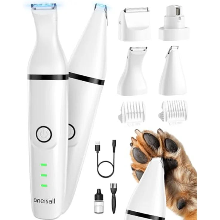 oneisall 4in1 Leise Schermaschine für Hund und Katze, Wiederaufladbar mit 4 Multifunktions-Schneidköpfen, geräuscharm, weiß – Bild 1