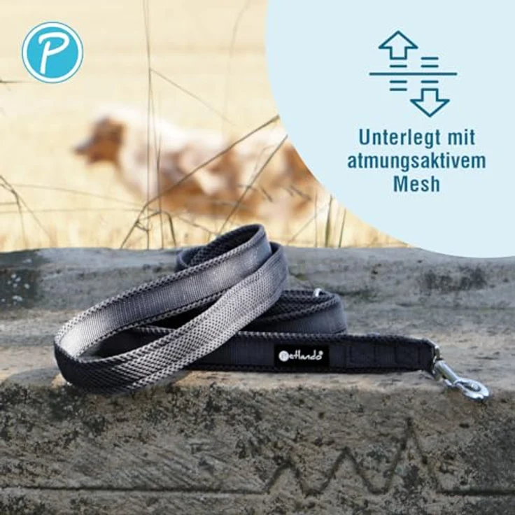 Petlando Hundeleine 2m Mesh weich gepolstert, Schwarz, 3-fach verstellbar für mittelgroße Hunde, 230x2,5cm – Bild 3