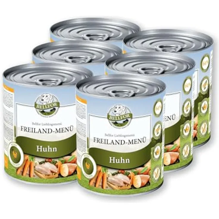 Bellfor Getreidefreies Nassfutter für Hunde, Freiland-Menü mit Huhn, 6x800g, Reich an regionalem Obst & Gemüse, frei von künstlichen Zusätzen, für alle Rassen geeignet