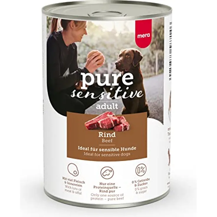 MERA Pure Sensitive Rind (6x400g), Hundefutter nass mit 100% tierischem Protein, getreidefrei für sensible Hunde, Single Protein