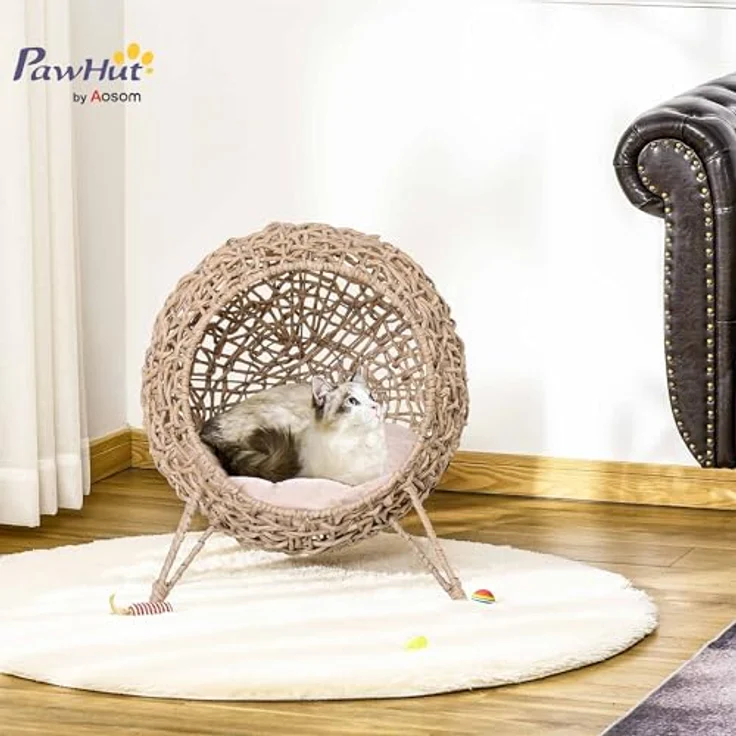 PawHut Katzenhaus aus Rattan mit Kissen, Katzenschlafplatz mit erhöhten Füßen und stabiler Konstruktion, Natur Ø52 x 58 cm – Bild 2
