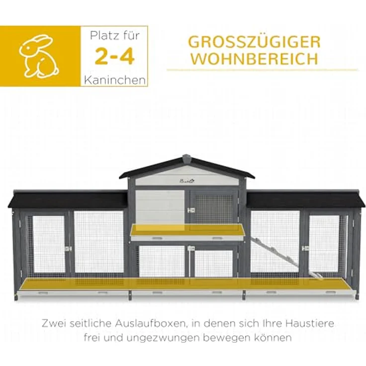 PawHut Hasenstall 2 Etagen, Kaninchenstall aus Holz 230 x 53 x 93,5 cm mit Rampe, Freilaufgehege, ausziehbaren Bodenwannen und Bitumendach, hellgrau – Bild 3