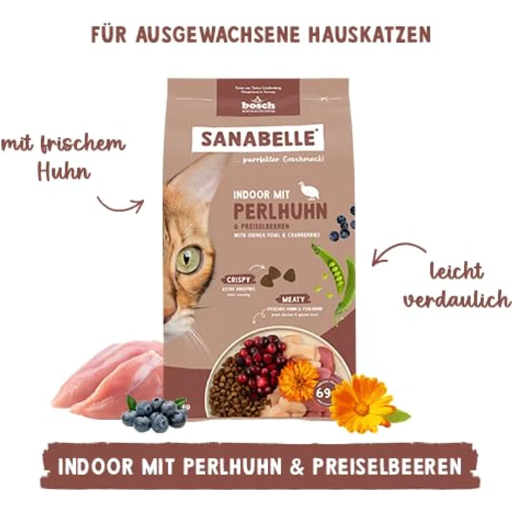 Sanabelle Trockenfutter Katze, Adult Indoor mit Perlhuhn, 8 kg – Vollnahrung für Hauskatzen mit extratierischen Proteinen, ohne Zucker und künstliche Zusatzstoffe – Bild 5