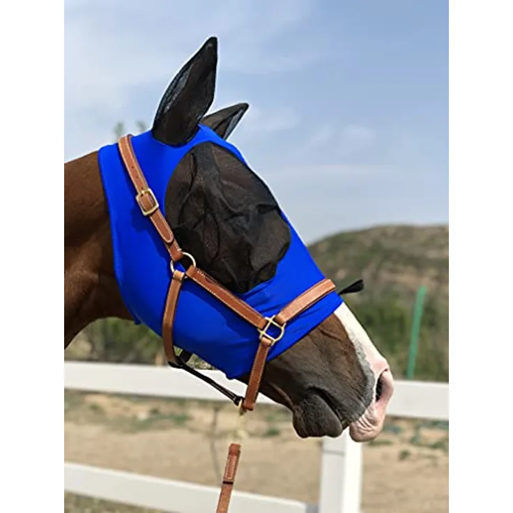 TGW RIDING Super Fit Pferdefliegenmaske, hochelastische Fliegenmaske für Pferde, umfassende Insektenbekämpfung, L, Royal Blue