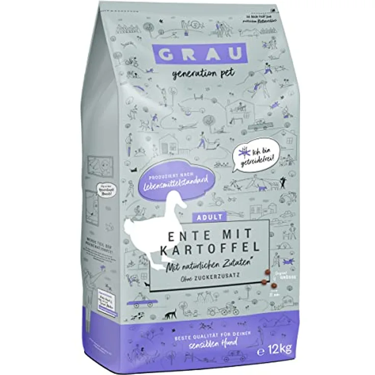 Grau GRAU Ente mit Kartoffel, hypoallergenes Hunde-Trockenfutter, 12kg, getreidefrei für sensible Hunde
