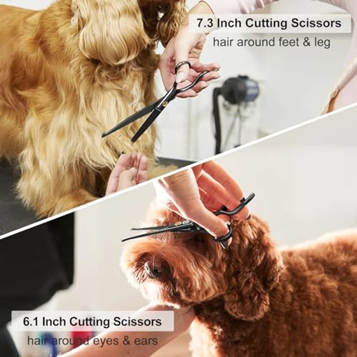 CIICII 7 Zoll Profi Hundescheren Set, mit Runde Sicherheitsspitze, gebogener & gerader Haarschere für Fellpflege von Hund und Katze, schwarz – Bild 5