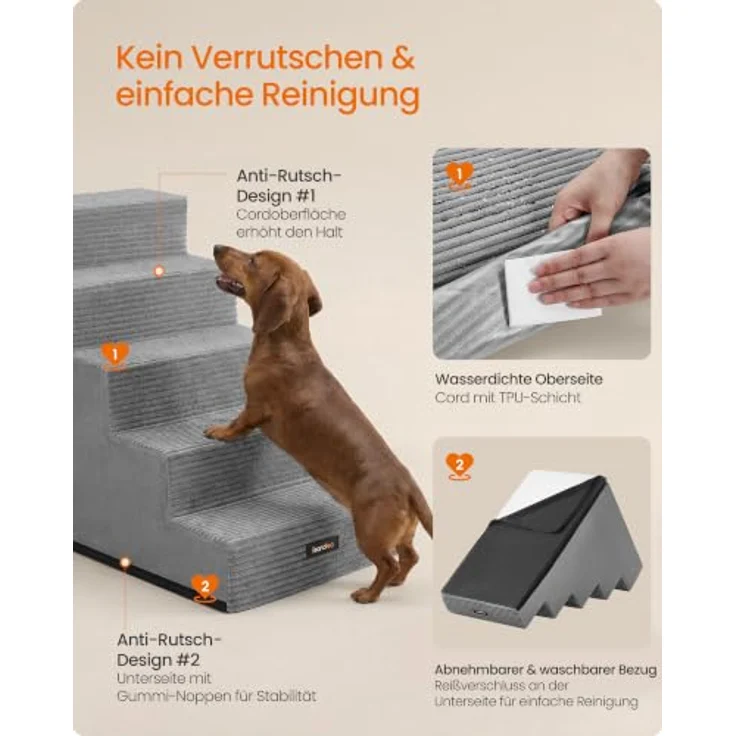 Feandrea Hundetreppe Baddi Kollektion PPS025GD01, 5-stufige Katzentreppe aus hochdichtem Schaumstoff, 76 x 40 x 57 cm, wasserdicht und waschbar, grau – Bild 5