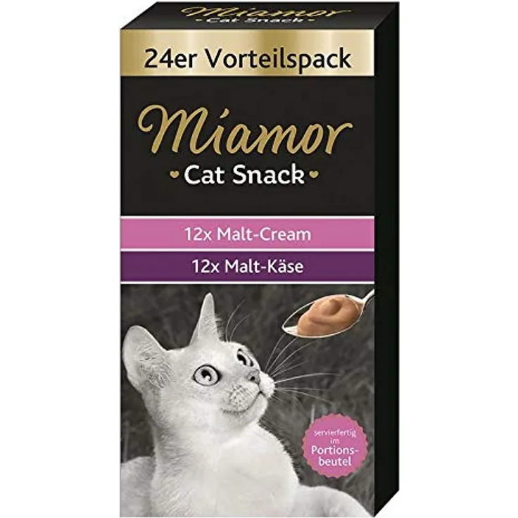 Miamor Cat Snack Malt-Cream Vorteilspack, 24x15g, Haarballen-Spezialcreme mit Malzextrakten, kalorienarm, zuckerfrei, ohne Farb- und Konservierungsstoffe