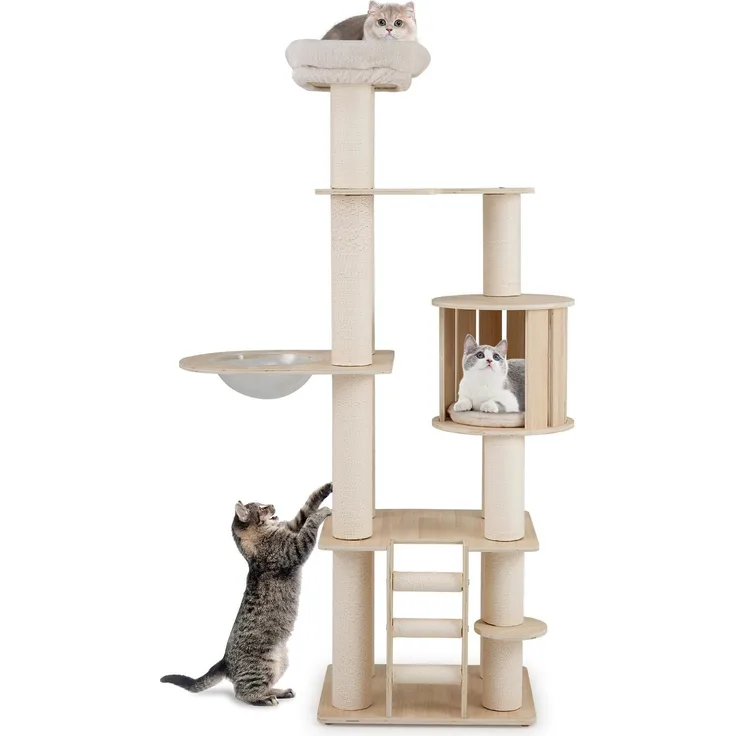 Goplus 185 cm Kratzbaum für Katzen, Holz mit Kratzpfosten, Kletterleiter & Katzenhöhle, Weiß, Kippschutz & Anti-Rutsch-Füße