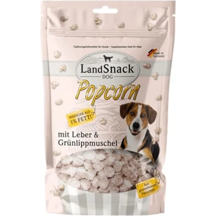 LandSnack Dog Popcorn, Reissnack für Hunde mit weniger als 1% Fett, mit Leber und Grünlippmuschel, 100g – Bild 1