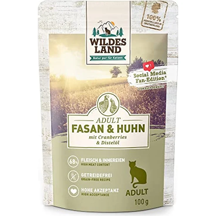 WILDES LAND Fasan und Huhn mit Cranberries, Katzennassfutter, 12x100 g, getreidefrei, hoher Fleischanteil – Bild 1