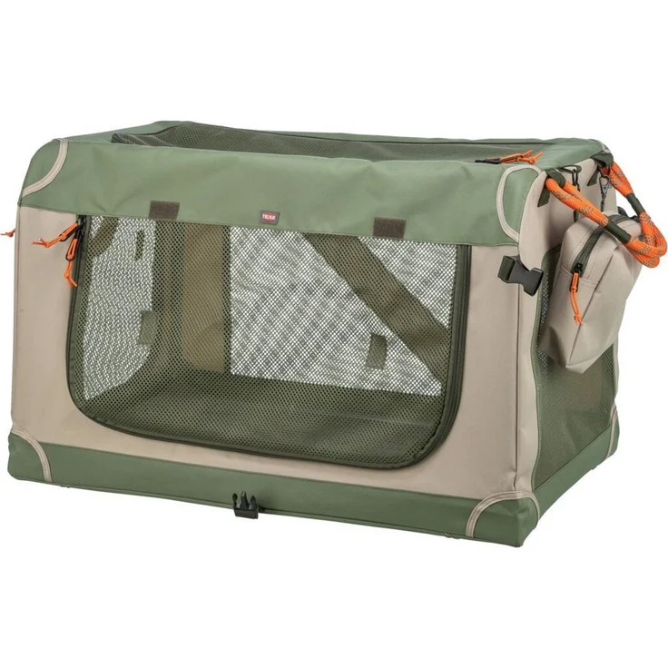 TRIXIE Hunde-Transportbox Comfy, Faltbare Hundebox mit abnehmbarer Außentasche, Netzstoff und Liegematte, olivgrün/beige