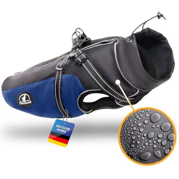 Tierhood Hunderegenmantel, wasserdicht mit integriertem Geschirr, reflektierende Regenjacke für kleine Hunde, PrimaLoft-Thermomaterial, Schwarz