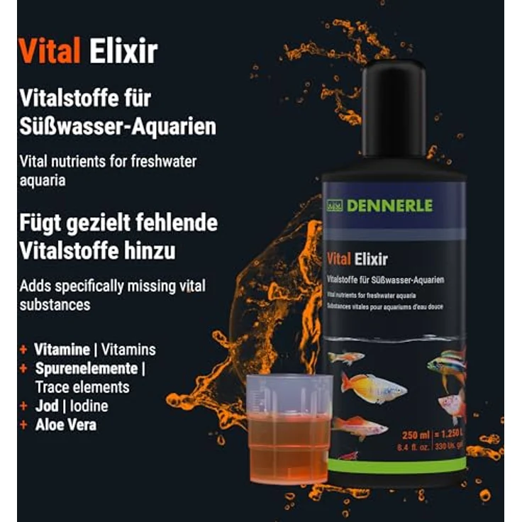 Dennerle Vital Elixir, 250 ml Wasseraufbereiter mit Vitaminen, Vitalstoffen und Spurenelementen für Fische, Jod und Aloe Vera-Extrakt – Bild 3