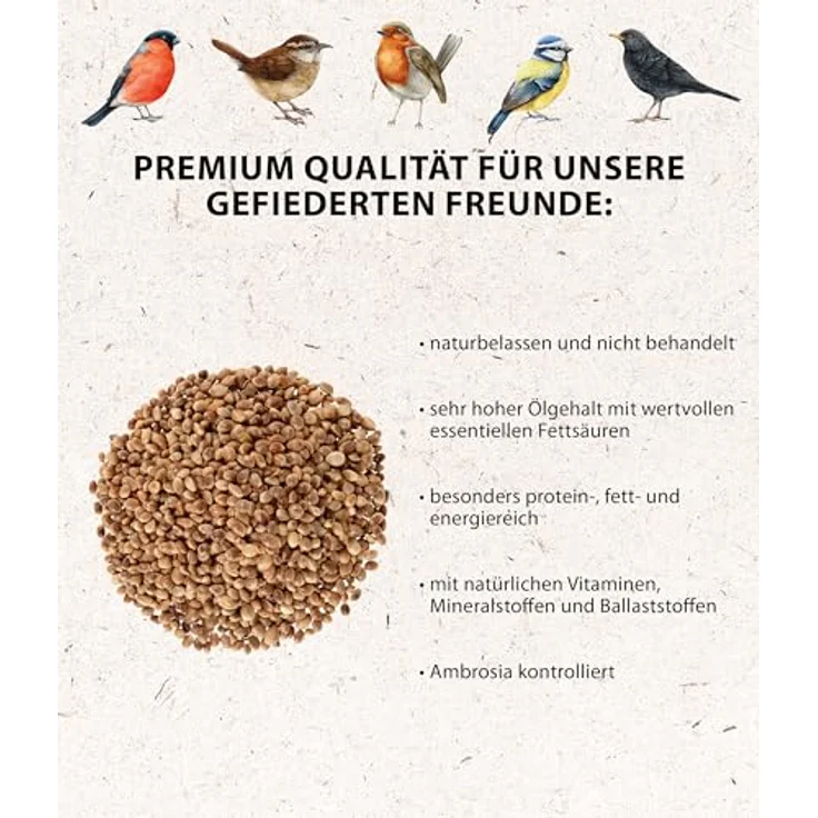 Dehner Natura Premium Wildvogelfutter, Hanfsaat, proteinreiches Ganzjahresfutter für Wildvögel, 2.5 kg – Bild 3