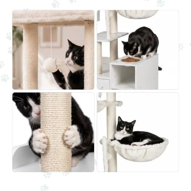 Relaxdays Kratzbaum Katzenkloschrank mit Magnettür, Sisal & Höhle, 2 Näpfen, weiß – Bild 3