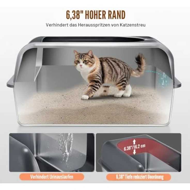 VEVOR XL Katzentoilette, Edelstahl Katzenklo mit 60 Litern Kapazität, geruchsfreie Schalentoilette, hohe Wände, 60 x 40 x 30 cm, Dunkelgrau – Bild 2