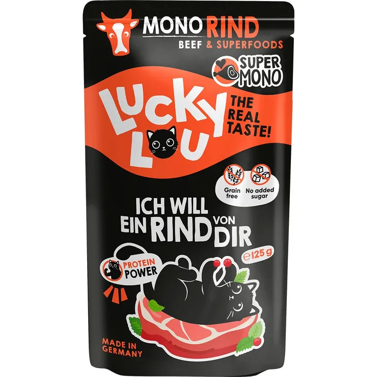 Lucky Lou SuperMono² Rind, Katzen-Nassfutter mit Monoprotein-Rezeptur für sensible Katzenbäuche, 16x125g