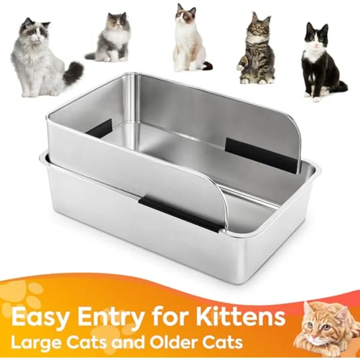 Yangbaga Edelstahl Katzenklo XXL, Offene Katzentoilette mit Hohem Rand, Geruchsneutral und Auslaufsicher, 60x40x30cm mit Katzenstreuschaufel – Bild 4