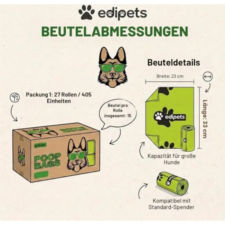 Edipets Hundekotbeutel, 405 Einheiten, Extra dick, Auslaufsicher, Nicht parfümiert, 27 Rollen – Bild 3