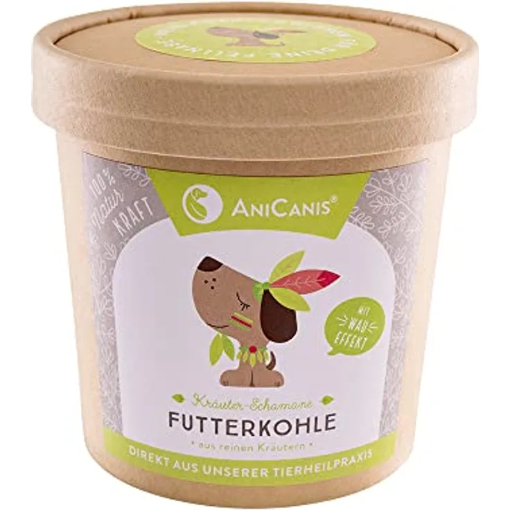 AniCanis Futterkohle für Hunde & Katzen - Pflanzen-Kohle Pulver zur Unterstützung von Magen-Darm und Immunsystem - 100g, 100% vegan in biologisch abbaubarem Papierbecher