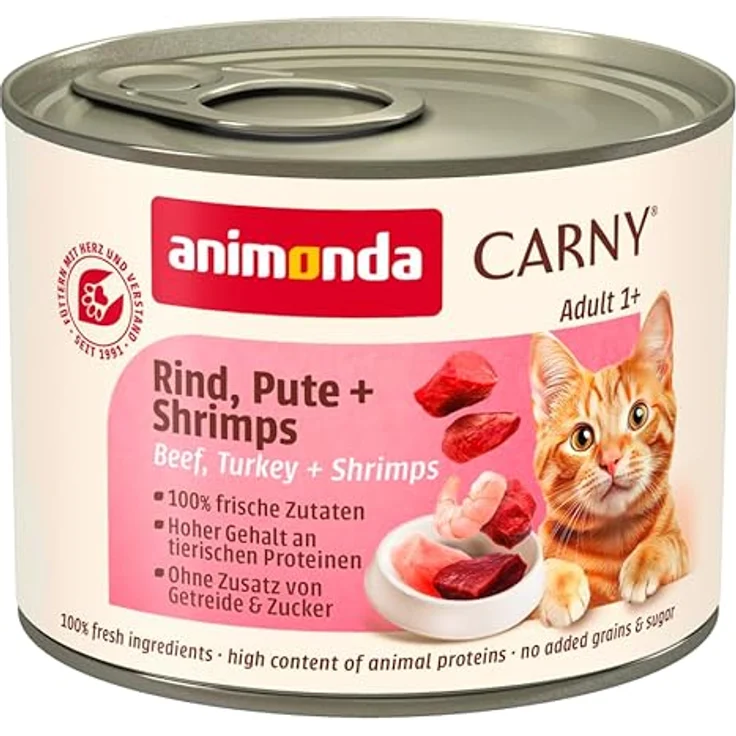 animonda Carny Katzen Nassfutter Rind + Pute + Shrimps (6 x 200g), getreidefreies Futter ohne Zucker, frische fleischige Zutaten für ausgewachsene Katzen – Bild 1