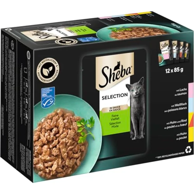 Sheba Selection in Sauce Feine Vielfalt (MSC) 12x85g, Katzenfutter mit Lachs, Weissfisch, Huhn und Rind, ohne künstliche Zusatzstoffe