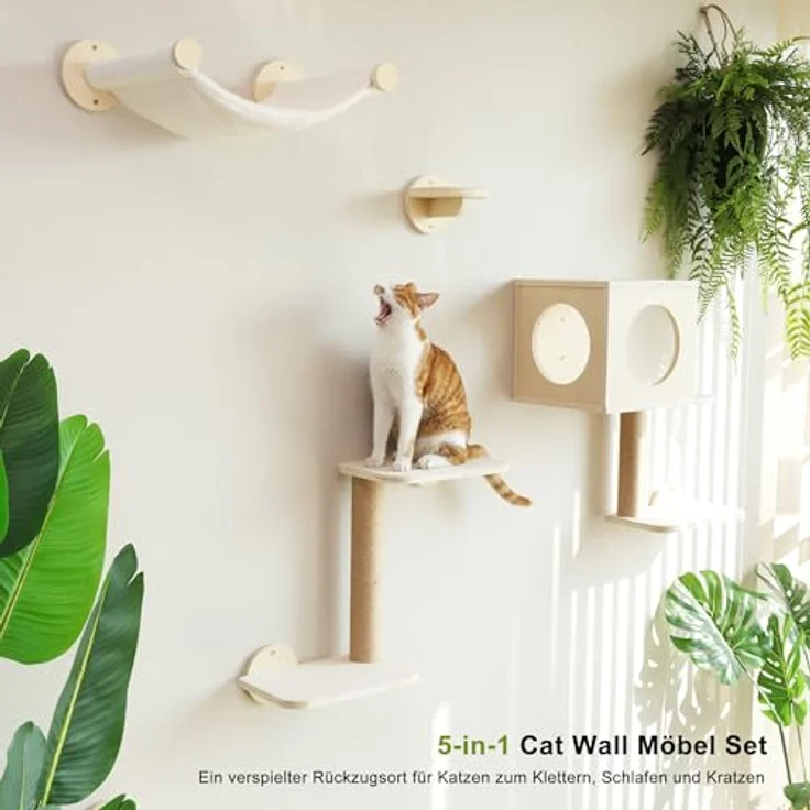 FUKUMARU Kletterwand für Katzen, 5-teiliges Wandregal-Set mit Hängematte, Katzenhaus, Katzentreppe und Kratzbaum, stabile Birken-Multi-Schichtplatte, beige – Bild 3