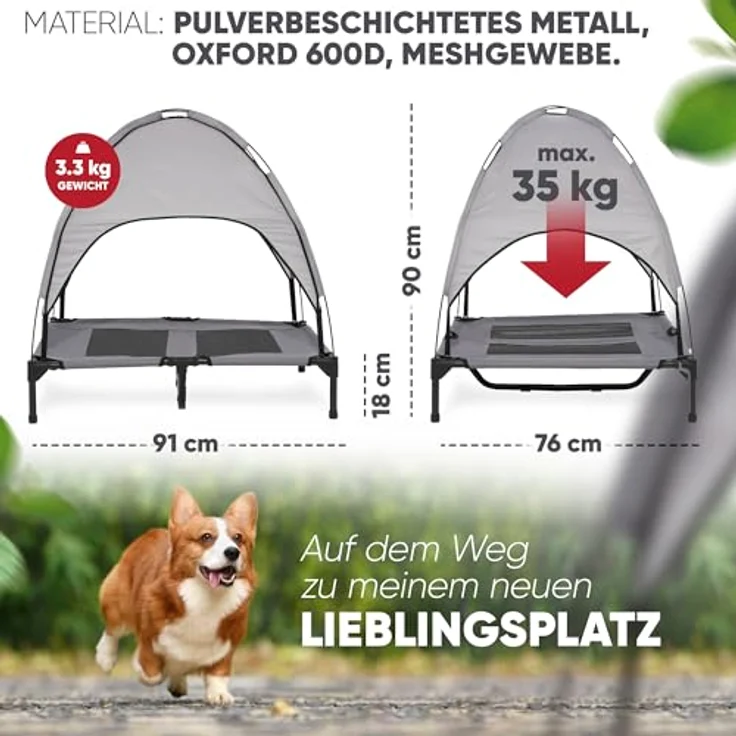 Deuline Hundeliege mit Dach, erhöhtes Hundebett für Garten und Outdoor, L-91x76x18/90cm, grau, atmungsaktiv und tragbar – Bild 2