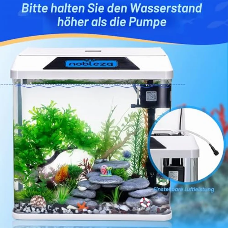 Nobleza Glas 30L Mini Aquarium Komplettset, Nano Aquarium mit LED-Beleuchtung und eingebautem Filtersystem, Weiß – Bild 5