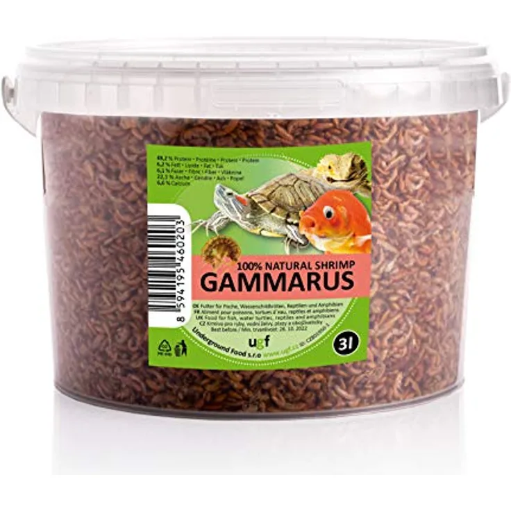 UGF Premium Gammarus Bachflohkrebse Getrocknet, 318g im 3 Liter Eimer, reich an 48% Protein, 100% natürliches Futter für Schildkröten, Fisch, Axolotl, Hamster, Igel, Koi und Ratten