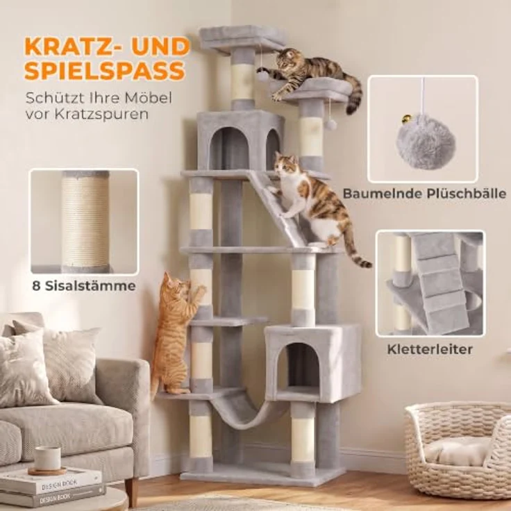PawHut Kratzbaum 204 cm, mehrstöckig mit 2 Höhlen, Leiter, stabil, hellgrau – Bild 5
