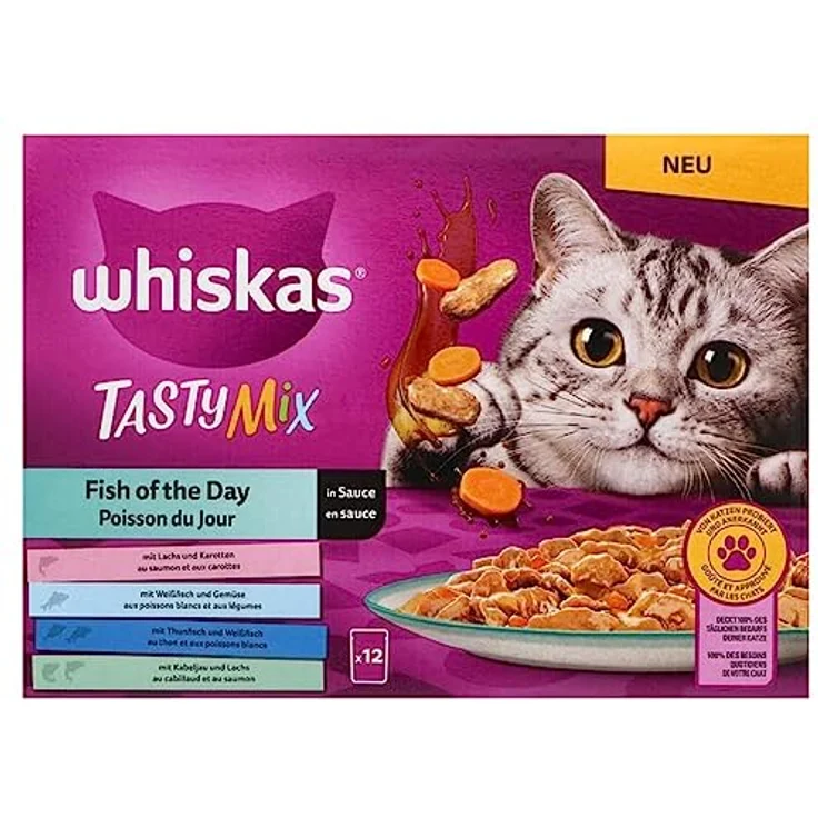 whiskas Multipack Tasty Mix Fisch, Katzen-Nassfutter in Sauce mit Gemüse, 12 x 85 g – Bild 1