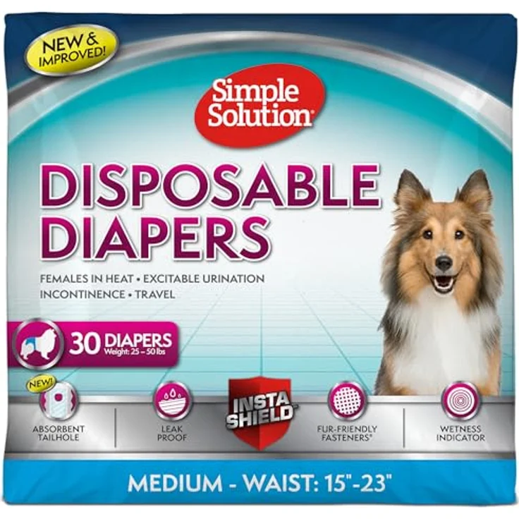 Simple Solution Einweg-Hundewindeln für Hündinnen, saugfähig, auslaufsicher, mit Nässeindikator, für mittelgroße Hunde (Taillenumfang 38,1–58,4 cm) – Bild 1