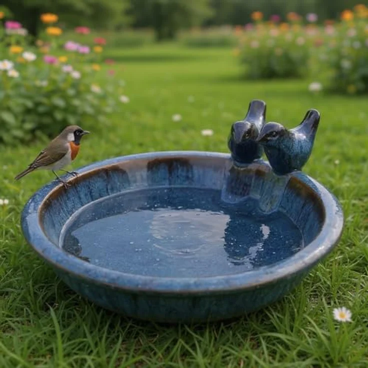 colourliving | Vogeltränke Winterfest rund 30 cm | Noble Keramik glasiert | Vogelbad mit 2 Deko Vögel | Vobelbecken Garten (antik-blau) – Bild 3