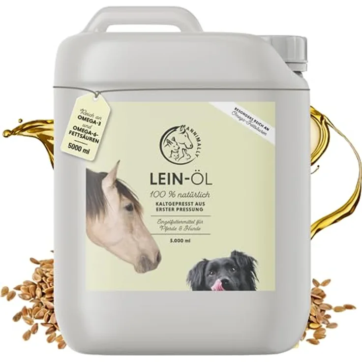 Annimally Premium Leinöl für Pferde & Hunde, 5l Kanister, kaltgepresst, reich an Omega 3 Fettsäuren, 100% natürlich, hergestellt in Deutschland