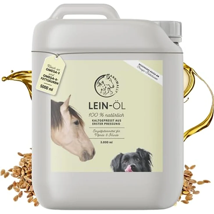 Annimally Premium Leinöl für Pferde & Hunde, 5l Kanister, kaltgepresst, reich an Omega 3 Fettsäuren, 100% natürlich, hergestellt in Deutschland – Bild 1
