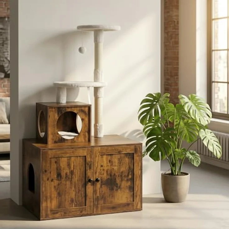 Relaxdays Kratzbaum mit Katzenkloschrank, 133x78x49 cm, Sisalstämme, Liegemulde, Holzoptik, dunkelbraun – Bild 2