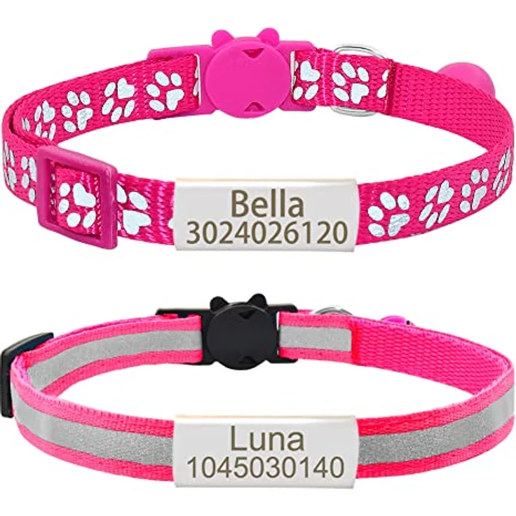Senristar Reflektierendes Katzenhalsband, personalisierbar mit Namensschild und Glöckchen, Anti-Verlust-Design, Hot Pink, 20,3 - 27,9 cm
