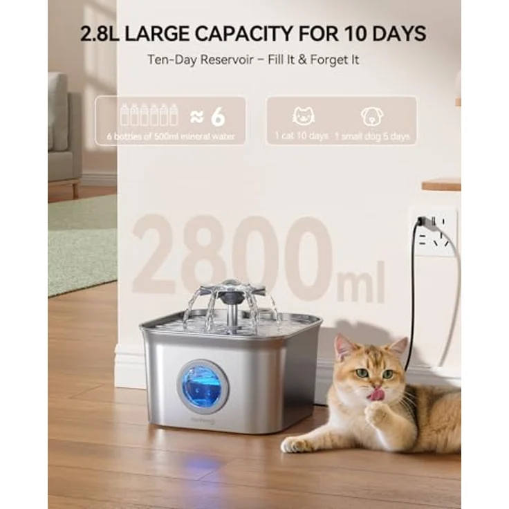 FEELNEEDY 2.8L Katzenbrunnen Edelstahl mit 4-stufigem Filtersystem, ultra-leiser Pumpe und LED-Beleuchtung – Bild 2