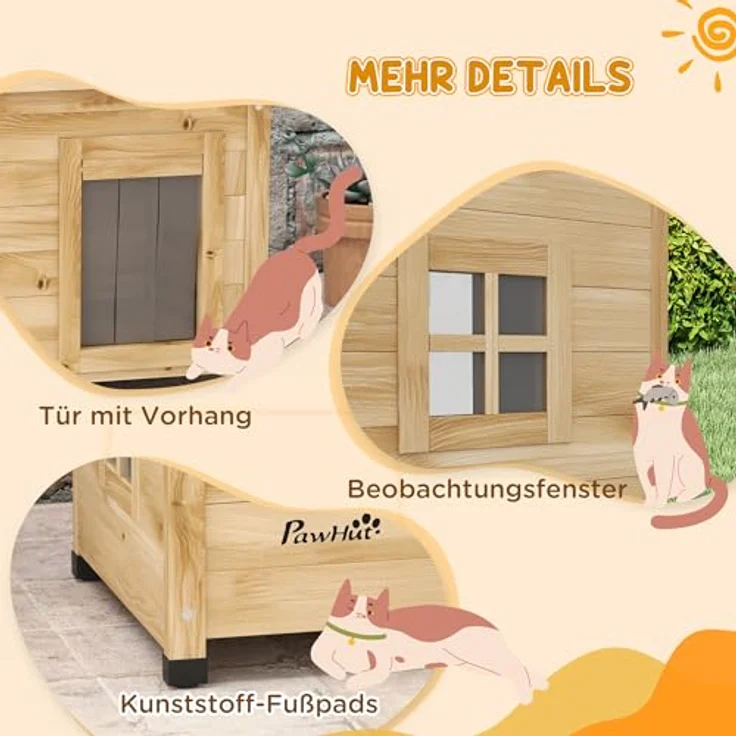PawHut Katzenhaus aus Holz, winterfest und wasserdicht mit Asphaltdach, Fenster und Türvorhang, erhöhte Katzenhöhle für Outdoor mit Maße 57 x 45 x 43 cm, gelb – Bild 5