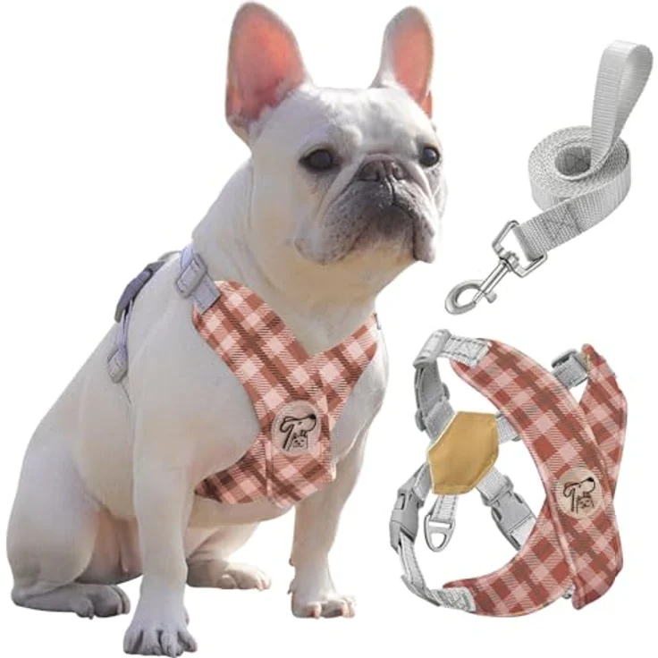 Pawaboo X-Rahmen Hundegeschirr mit Hundeleine Set, verstellbares Anti-Zug Anti-Erstickung Brustgeschirr für kleine und mittelgroße Hunde, L, khaki kariert – Bild 1