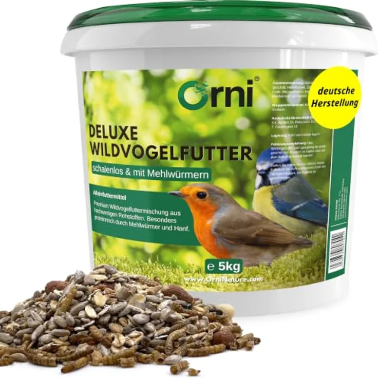 Orni Wildvogelfutter mit Mehlwürmern Deluxe, nährstoffreiche Mischung für Amseln, Meisen und Rotkehlchen, 5kg