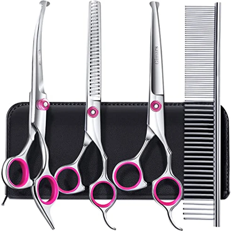Gimars Hundepflegescheren-Set, 5-in-1 Hochleistungsschere mit Titanbeschichtung, gerade und gebogene Schere, runde Sicherheitsspitze, ergonomisch gestaltet – Bild 1