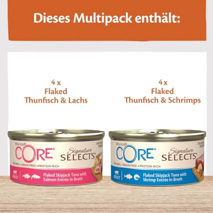 Wellness CORE Signature Selects Flaked Selection Mix, 8 x 79 g Nassfutter für Katzen in Brühe, getreidefrei, ohne Zuckerzusatz, hoher Fleischanteil, Thunfisch und Garnelen, Thunfisch und Lachs – Bild 2