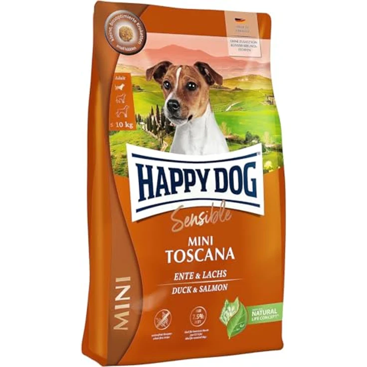 Happy Dog Sensible Mini Toscana, Trockenfutter für kleine Hunde bis 10 kg, mit Ente und Lachs, 800g – Bild 1