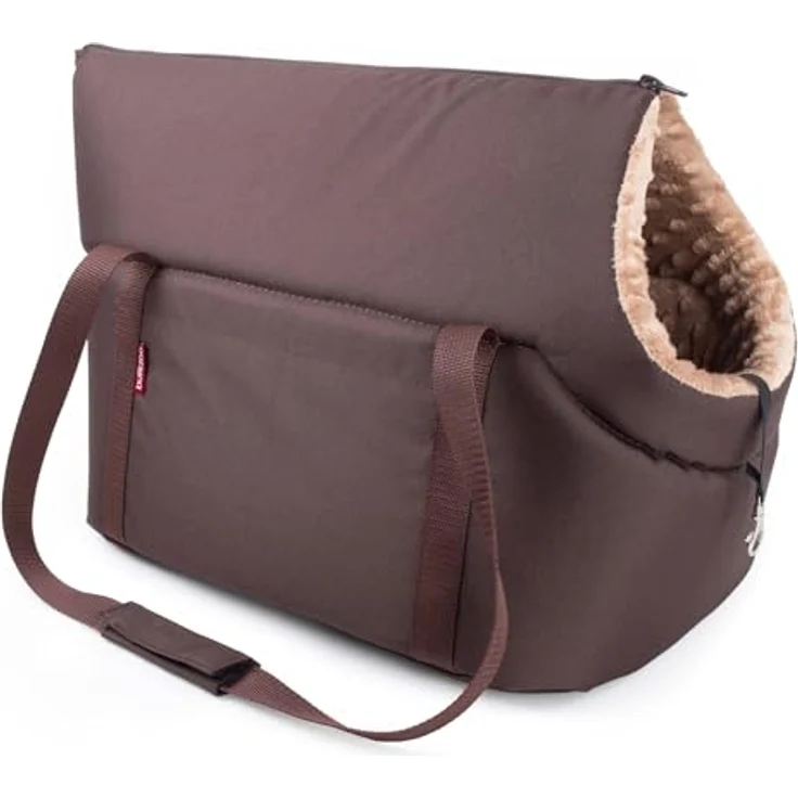 BOUTIQUE ZOO Hundetasche, Welpentasche Braun Beige/Minky, Tragetasche für kleine und mittlere Hunde und Katzen bis 5 kg, mit Reißverschluss und abnehmbarem Kissen – Bild 4