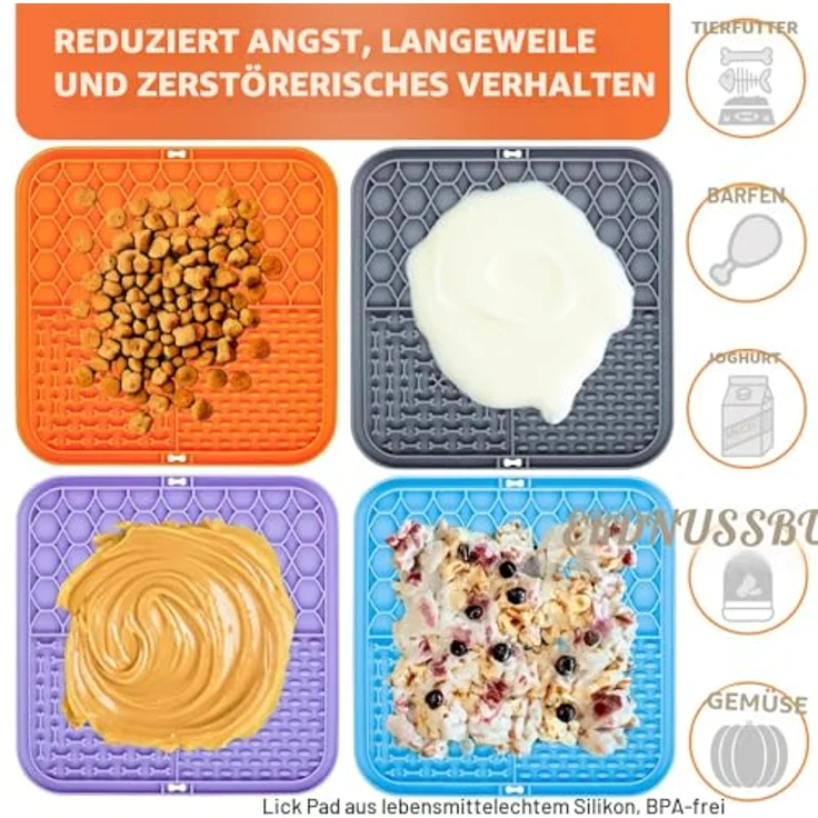 Aileem Schleckmatte für Hunde und Katzen, 4 Stück mit Saugnapf, lebensmittelechtes Silikon, ideal für Baden und Fellpflege, inkl. Silikonspatel und Bürste – Bild 5