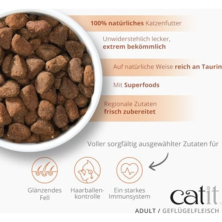 Catit Recipes - Premium Trockenfutter für Katzen mit Geflügelfleisch, Alleinfuttermittel für ausgewachsene Katzen, 2kg, unterstützt Haarballenbildung, ohne Weizen und Soja – Bild 4